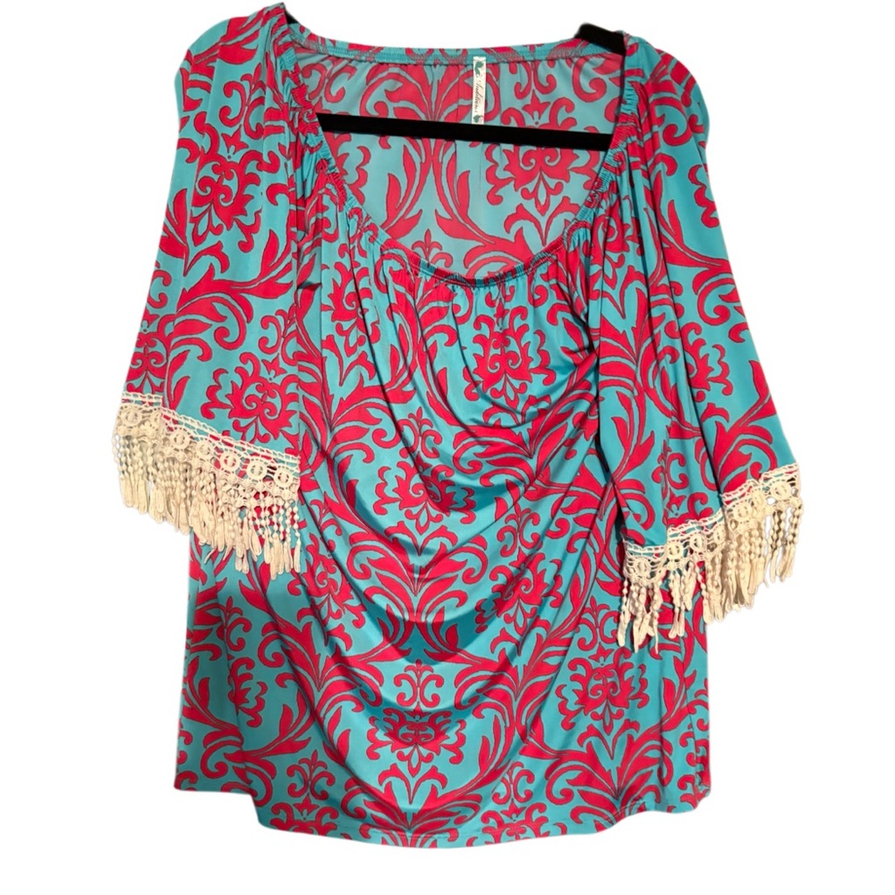Vibrant Red and Teal Patterned blouse  with Fringe gorgeous!